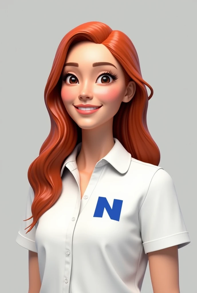 " Create a realistic 3D character with the following characteristics:  long and slightly wavy red hair ,  white skin with natural texture and soft features .  She is wearing a simple white shirt , short-sleeved , with a light and elegant fit . on the shirt...