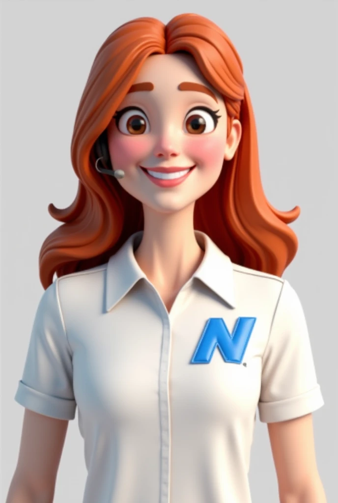 " Create a realistic 3D character with the following characteristics:  long and slightly wavy red hair ,  white skin with natural texture and soft features .  She is wearing a simple white shirt , short-sleeved , with a light and elegant fit . on the shirt...