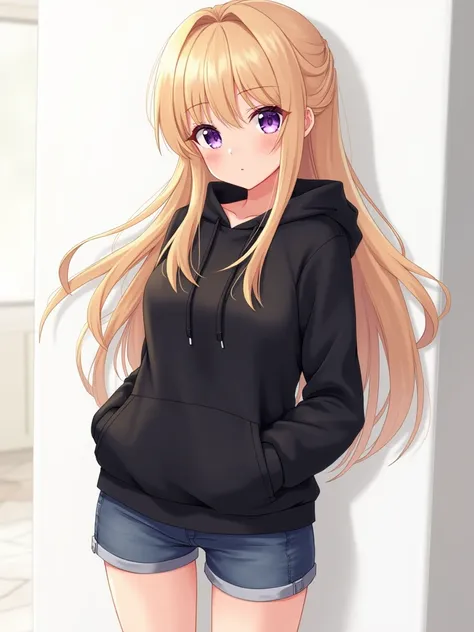 female, pretty,  ,  blonde hair , purple eyes,   black hoodie, Shorts (anime)
