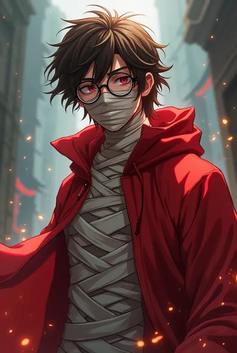 Young man with long and messy brown hair wearing round glasses. With the body completely bandaged except for the eyes. wearing a red wizard outfit. anime