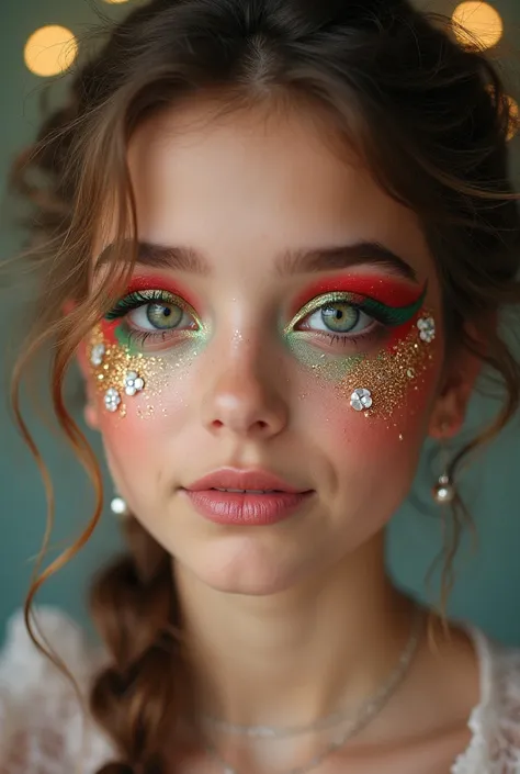 Take a picture where its makeup of a 17-year-old person wearing Christmas-style makeup