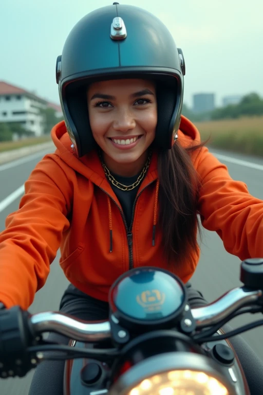 30 years old indonesian celebrity "musdalifa" selfie with wet sweating face skin wearing hoodie and full face cool helmet on a cruiser motorcycle