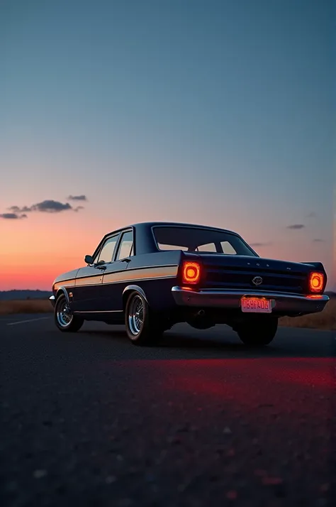 An earlier Ford Falcon at dusk with the Ford logo on the back up in the sky 