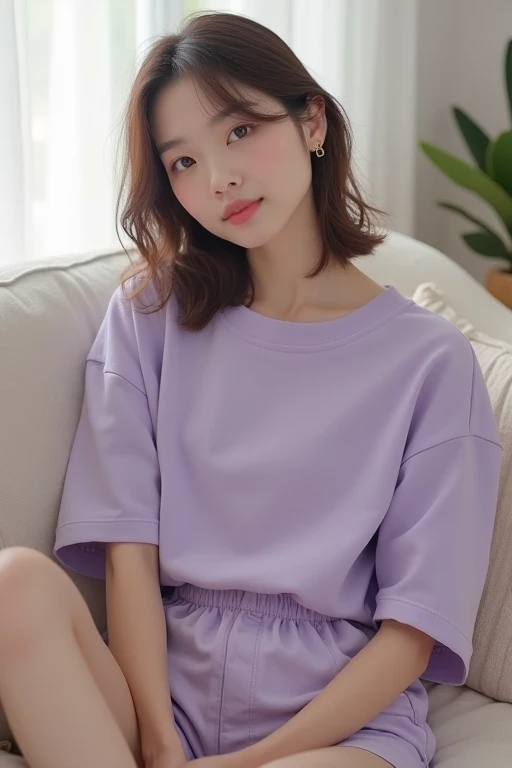 IU korean singer, has confident personality, super detailed and super realistic body, super sharp and detailed eyes, her hair is pure silky light lilac color tone and medium sized hair length, no makeups, she has soft seductive smile, thin body figure, sup...