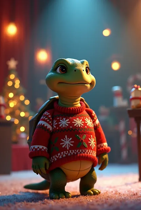 Animated turtle , with Christmas sweater holding backstage standing