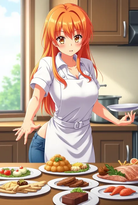 Asuna Yuuki with orange hair and orange eyes she wears a blouse with jeans pants she wears a chef apron she serves plates on the table