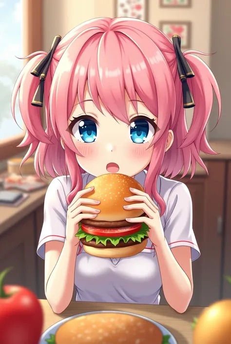 Marin Kitagawa is eating a hamburger 、 Pink Haired Girl、 blue eyes、 twin drill