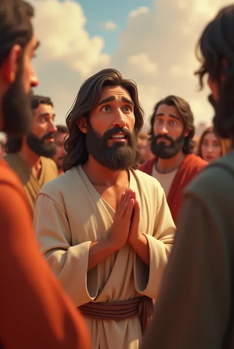 a man asking for help from Jesus  ,  with several people around him,  3d cartoon style image , Pixar style