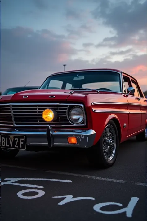 A red Ford Falcon from the old models at dusk with the Ford logo drawn on the car in the sky 