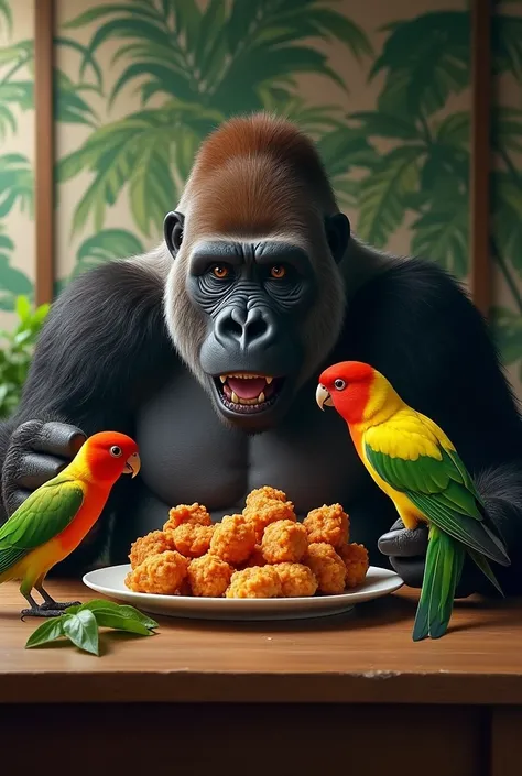 gorillas 
Im eating 2 karaage-kun red 
There are 2 parakeets aiming for a parakeet 
Gorillas have sharp eyes and fangs 
Gorilla threatening parakeets 
Sitting at the table and eating 
The table is wooden 
The room has a jungle style wallpaper 
