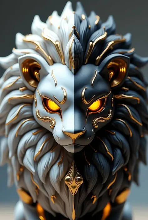  A collectible figure in chibi style that represents only the Tharoks head,  a robot lion created by titans , with an ultra-realistic and highly detailed design.  The head is perfectly divided in half :  one side white and the other black ,  with golden de...