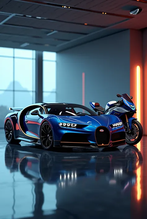 "A Bugatti Chiron and a BMW S1000RR parked side by side in a high-end garage with futuristic lighting and glossy, reflective floors."
