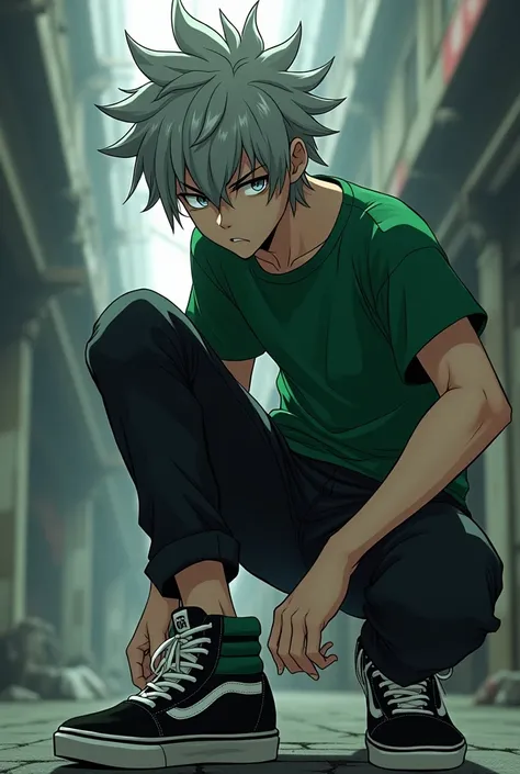 A lean-built male teen (evil villain type) (emo style) (pale Asian male) (silver and black haired male teen ) (green and black band tee) (black pants) (black and green vans) (silver eyes) (skater) (anime)