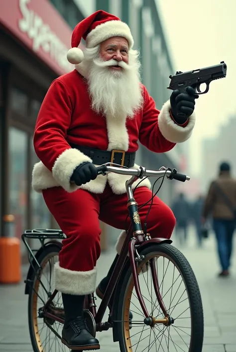 Santa Claus riding a bike outside the supermarket with a gun 