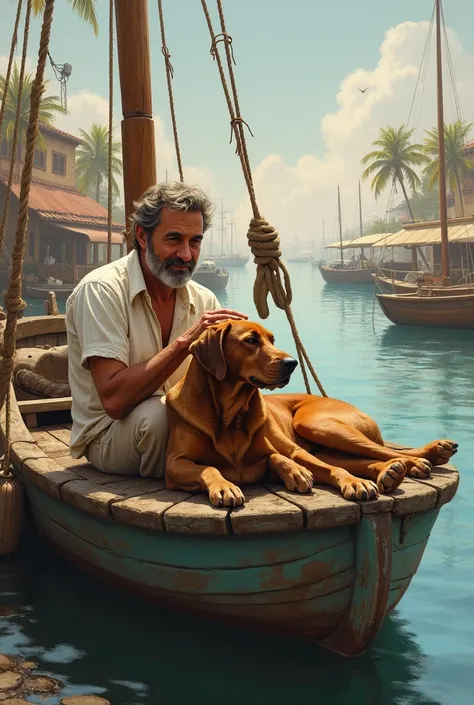 A man and his brown Labrador on a boat at the harbor as paintings 