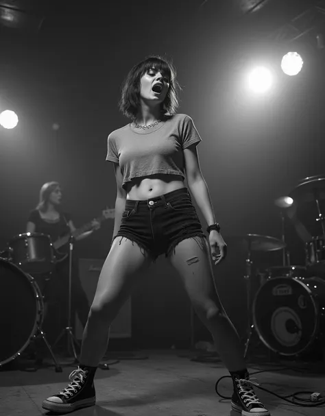 Black & white photo, shallow depth-of-field. Full body shot of a defiant young woman with dark brown hair cut into a bob with messy bangs. She is short. She is aggressively singing on-stage with her band at a dingy and rundown punk club in the 1980s. She i...