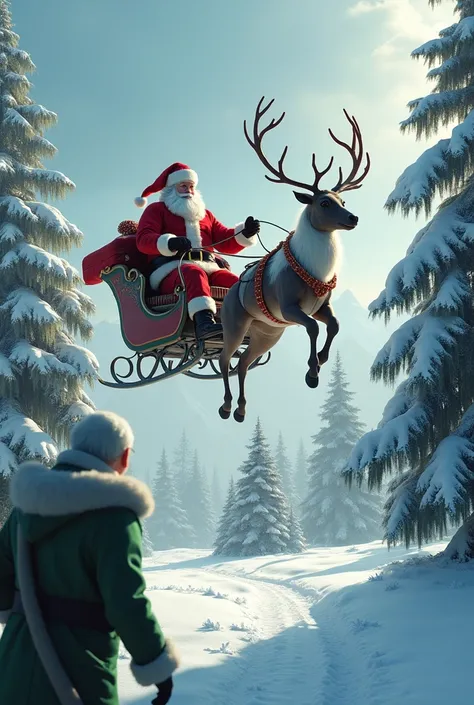 (hyperrealism) scenario with snow and Christmas trees , with pine trees , And Santa Claus flying the sleigh with two Reindeer ,  and an old man with a white beard and green clothes with Santa Claus.
((ultrarealismo)).