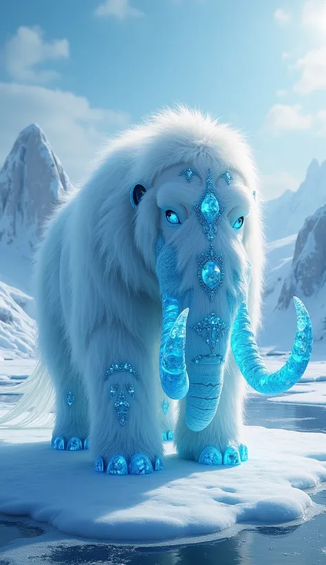 A majestic mystical mammoth-like creature in an icy environment . The animal has a powerful body covered with white fur and the blue ice crystals studded throughout the body are translucent, which emanate a magical glow..  and also made of crystalline ice ...