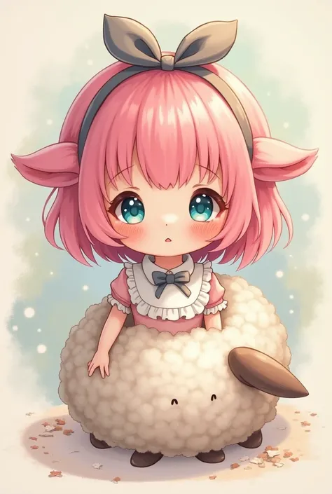 Create a cute girl with pink hair, blue eyes, tie a sheeps hair, put on a bib