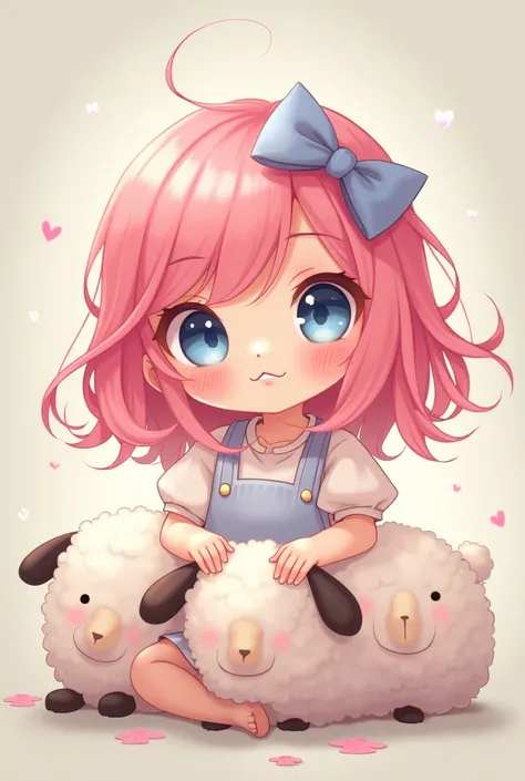 Create a cute girl with pink hair, blue eyes, tie a sheeps hair, put on a bib