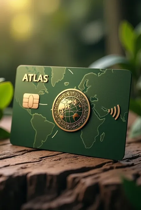 Image of a credit card with the word Atlas written on it, olive green, with a earth logo, symbolizing a tourism company