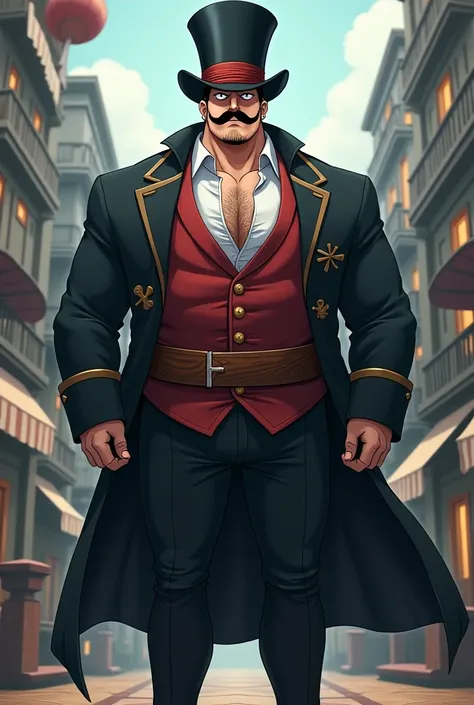 a muscular 9 foot pirate from one piece wearing a suit with a french mustach and a top hat