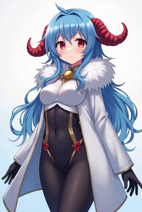 women 
young girl 
Slender body 
The style is good 

1 person 
A small horn that stretches sideways like a red sheep on its head 
The hair is blue and the cut ends are wavy 
Wavy hair that stretches left and right is sluggish 
Eyes are red 
Full body in bl...