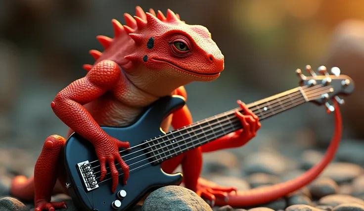 8k Ultra HD realistic, "Close-up macro image of a red lizard-like creature playing a bass guitar. The creature has vibrant, reddish scales with dark patterns, sharp claws, and bright, focused eyes. Its long tail is coiled around a rock for balance, while i...