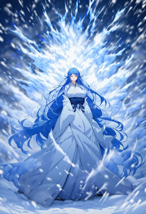 Masterpiece,Best quality, Anime style, 1 girl, snow woman, blue hair, super long hair, simple Japanese clothes, big breasts, expressionless, ish atmosphere, whole body, standing, outdoors, (((super blizzard,violent blizzard))), snowy mountain,