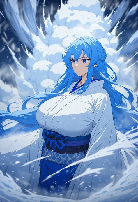 Masterpiece,Best quality, Anime style, 1 girl, snow woman, blue hair, super long hair, simple Japanese clothes, big breasts, expressionless, ish atmosphere, whole body, standing, outdoors, (((super blizzard,violent blizzard))), snowy mountain,