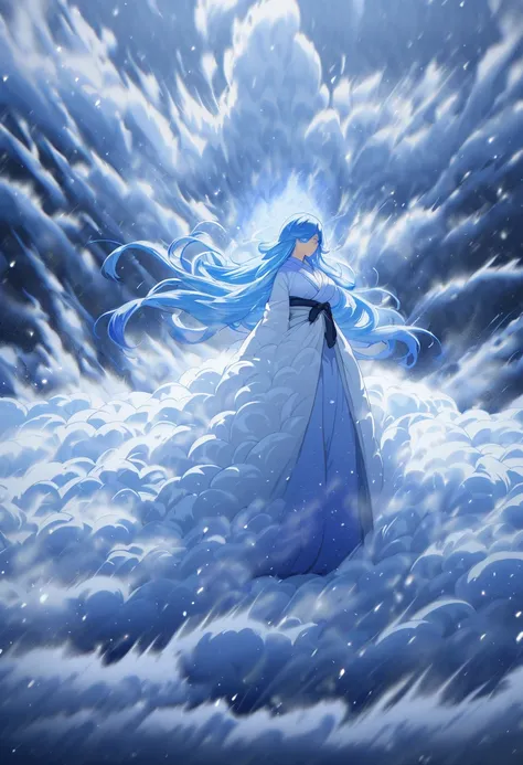 Masterpiece,Best quality, Anime style, 1 girl, snow woman, blue hair, super long hair, simple Japanese clothes, big breasts, expressionless, ish atmosphere, whole body, standing, outdoors, (((super blizzard,violent blizzard))), snowy mountain,