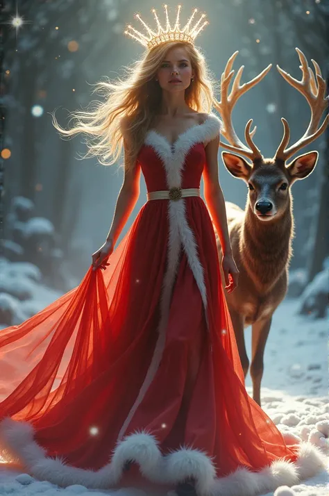  Beautiful woman with loose hair wears a dress model of Santa Claus walking with a deer train, on her head she wears a magic crown made of magic lights 
