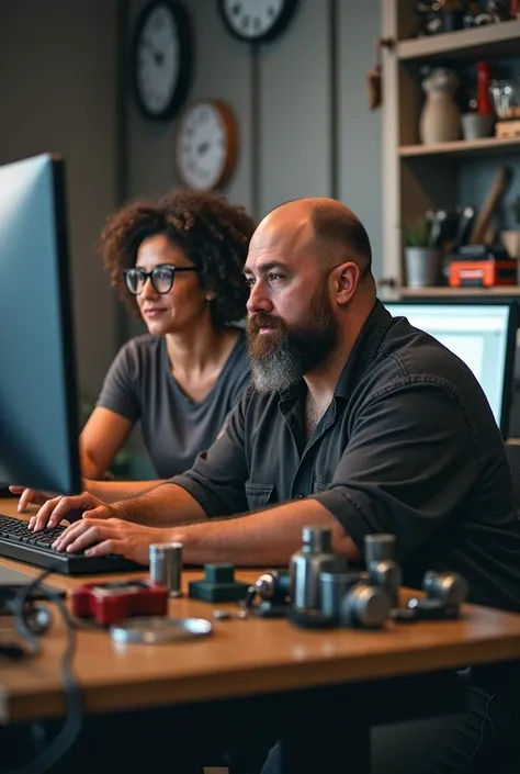 Two women, one with short hair and round glasses and the other with curly hair
Two men ,  one bearded and bald the other fat with a full beard 
Working together 
In front of the computer I see car parts