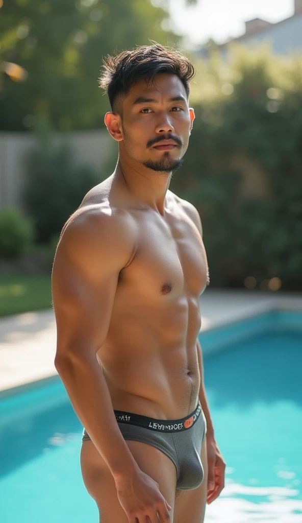 A 26-year-old Asian muscular man,looking at viewer,shirtless, with short, messy hair, a little mustache, hair on his chest and abdomen, wearing tight flesh underwear, almost falling off his buttocks, standing at the yard. The atmosphere in swimming pool , ...