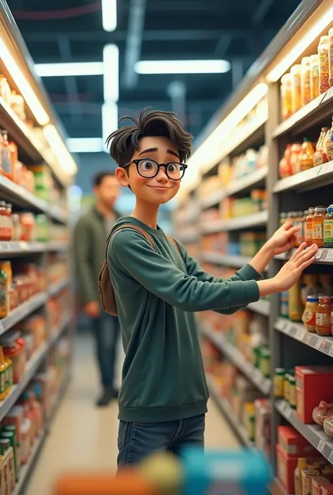 Create an image of a clumsy guy with glasses aged 25, who is arranging shelves in a supermarket