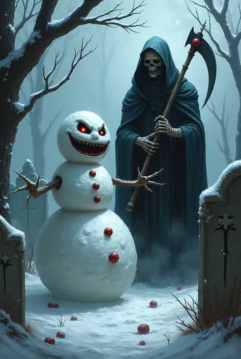 As an evil snowman, along with a grim grim reaper, who are in a Christmas cemetery and have a demon control them.