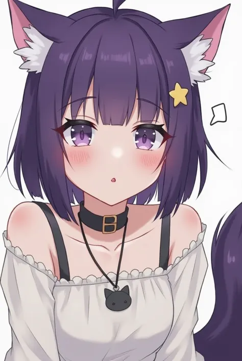 Kameneko is a boy 。 Wolf cut with purple hair that feels like its bouncing straight with an iron 。
 has wolf ears and tail, and 2 gold earrings are open on her right ear。
 has saggy eyes, broad eyebrows, and a cat mouth 。
 any clothes are cool 。 she wears ...