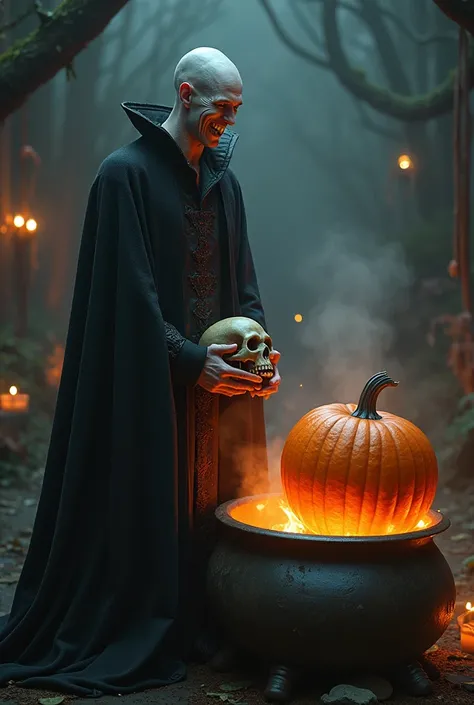 Creepy pale-skinned handsome hunky slender shirtless witch man(witch hat, complete witch dress without neckline), Eerily laughing, looking forward, cooking a pumpkin head in an ancient iron cauldron (giant size), her hands holding a skull head, detailed ma...