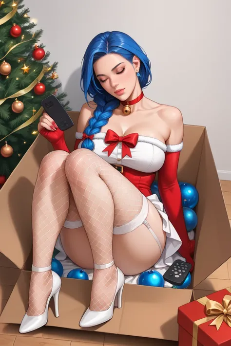 Imagine a beautiful adult european woman with long blue hair with german tight braid, Beautiful and realistic face, white skin, in mesh maid outfit, in heels, eyes closed, that is covered and envolved in plastic and gift christmas ribbons on her body and b...