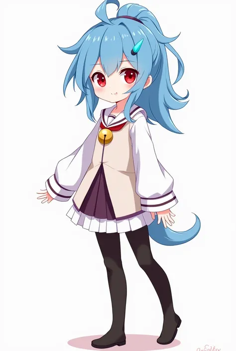 「blue hair」、「red eyes」、「horn」、「ponytail」、「ahoge」、「messy hair」  

ganyu_(genshin_impact), kawaii girl,
(best quality) 

full body black tights 
A small bell on the chest 
 
Full body
