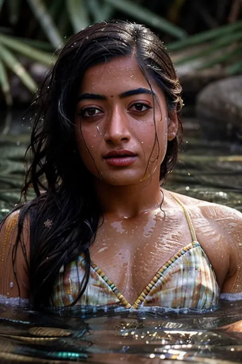 Close up portrait of a cute woman (Rashmika) bathing underwater, reeds, (clear water), two piece bikini clad body, (backlighting), realistic, masterpiece, highest quality, lens flare, shade, bloom, [[chromatic aberration]], by Jeremy Lipking, by Antonio J....