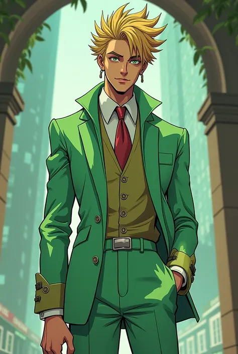  A blond man with green eyes and thematic color in pastel green clothes, eccentric and non-standard look similar to JoJos bizarre adventure with features like Diego Brando in Steel Ball Run