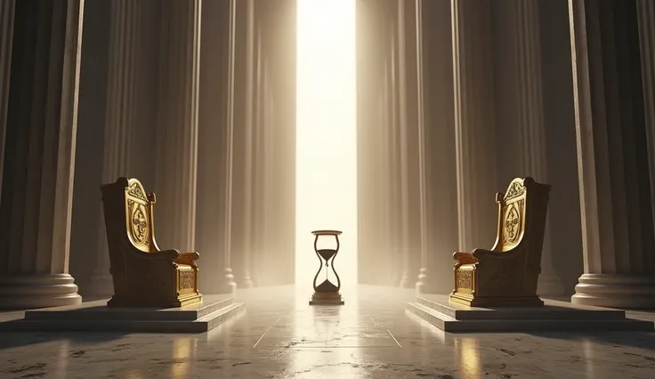 Two imposing thrones , one in shiny gold representing Justice and the other in white marble representing Mercy,  positioned on opposite sides of a large heavenly hall , empty.  A single ray of light divides the hall in half ,  creating a dramatic contrast ...