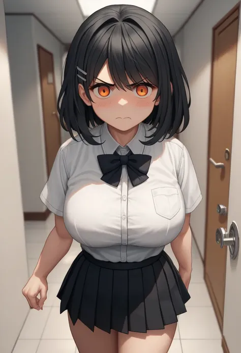 score_9, score_8_up, score_7_up, source_anime, best quality, clear face,japanese shool girl, black hair, orange eyes, medium hair, large breasts, perfect body, looking at , cute nervous angry,wearing white shirt,black mini micro pleated shool skirt ,blushi...