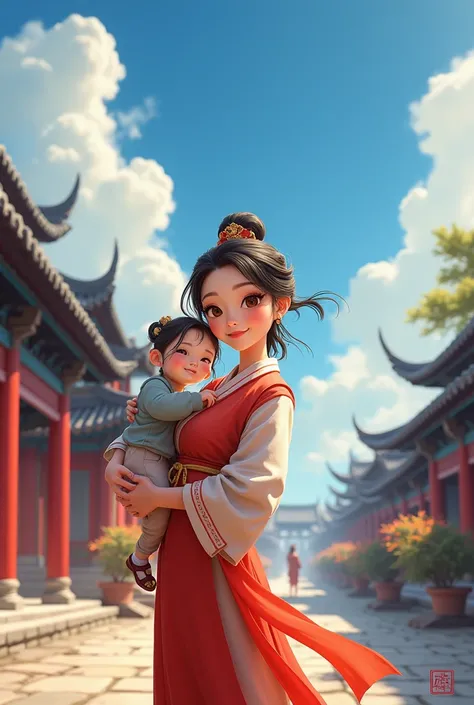 {{Art board, Best quality,  drew highly detailed computer graphics, خلفية Unity 8k,  cinematic lighting }}, Traditional Chinese ink ,  one girl, 1Child,  A young woman carrying a baby,  full body, Ancient architecture,  blue sky, Sunny day, Wooden architec...