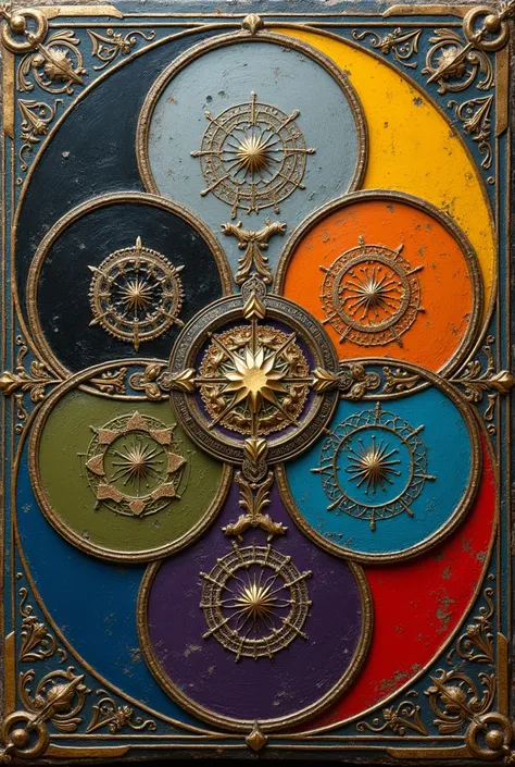  Close-up of an ancient magic book cover vertical view from above, depicts :  Canvas divided into asymmetrically: (((((9 asymmetric sectors ))))  in a circle with colors : blue, black, yellow, grey, red, green,  purple ,  brown , blue).  Semicircular intri...