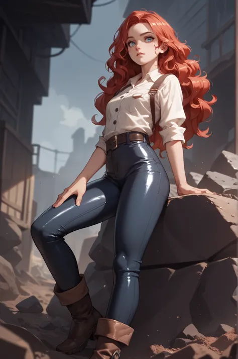  fae with long wavy red hair and blue eyes, intense eyes, mischievous look, miner, large rock, shiny blue ore, moonlight, corseted belt,  fully clothed, tight pants, boots, thick build,