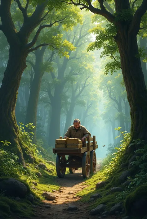 A man driving a cart in the forest in medieval time