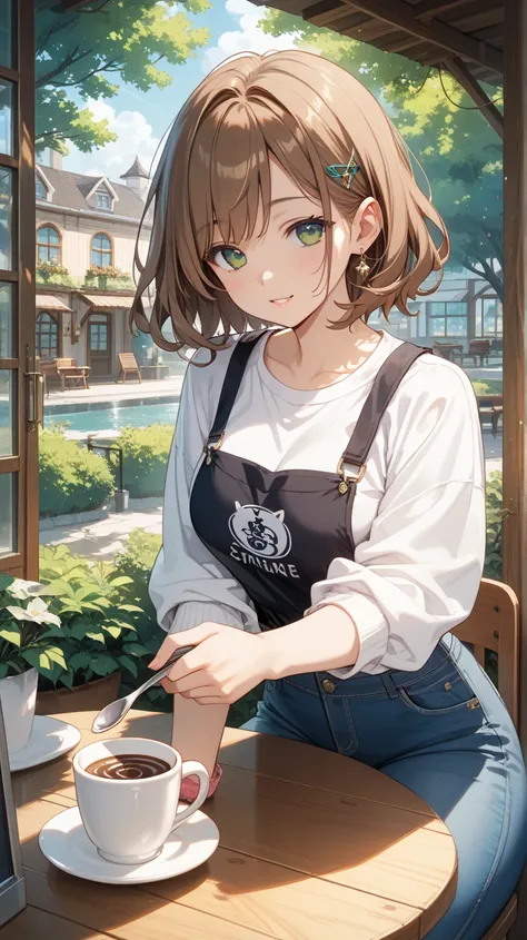 Image is a digital illustration in an anime style, featuring a young woman sitting in a cozy cafe setting. She has long, wavy brown hair and striking green eyes, with a fair complexion. Her expression is gentle and thoughtful as she rests her chin on her h...