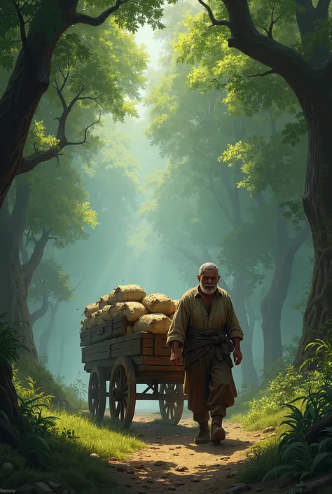 A man driving a cart in the forest in medieval time